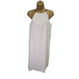 Handmade White Linen Shift Womens Lge Halter Brown Strap Peasant Resortwear
